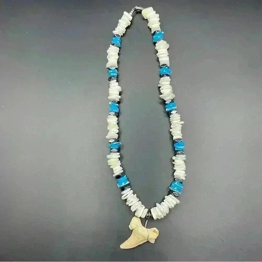 VGT White & Neon Blue Chip Shell Beads Necklace Shark Tooth Pendant